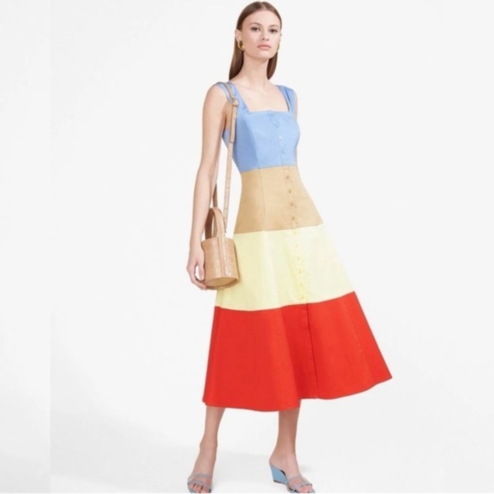 STAUD Colorblock Midi Dress - Blue, Yellow, Red